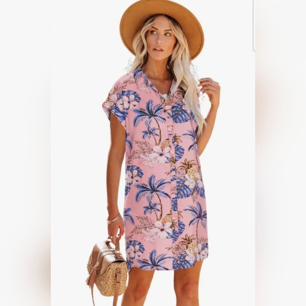 Tropical Pink Button-Up Swim Cover-Up